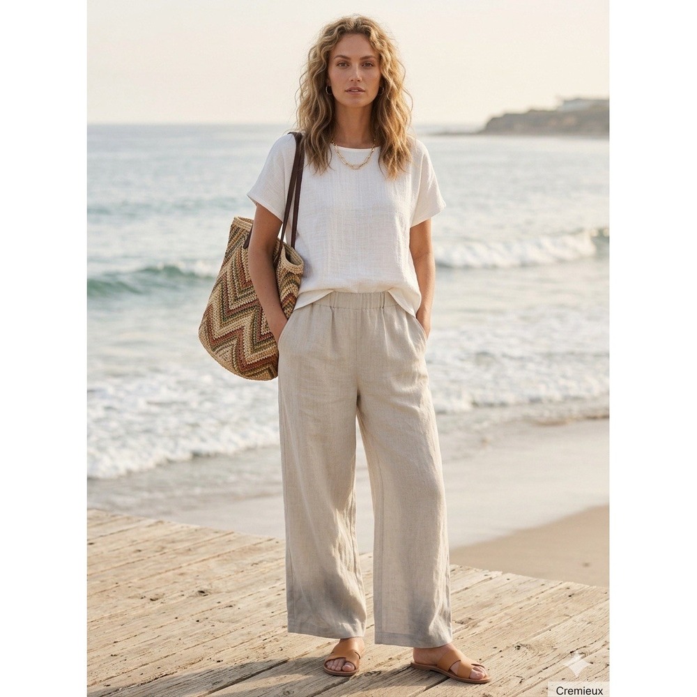 Cremieux Pants Womens L Beige Linen Wide Leg Minimalist Lagenlook Beachy